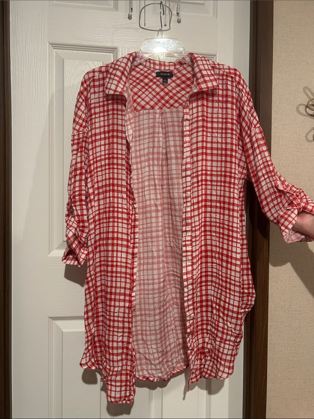 Red and White Plaid Button-Front Shirt Jacket torrid 1 duster